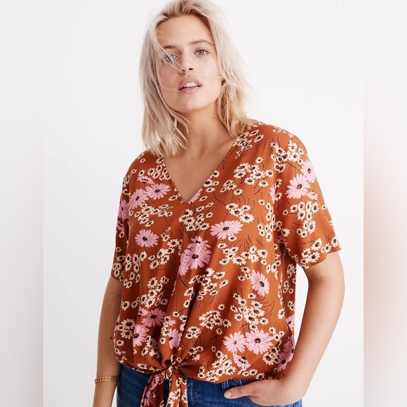 Madewell Tops - Madewell Women’s Small Novel Tie-Front Top Hillside Daisies Short Sleeve Blouse
